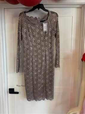 Cachet Taupe Sequin & Lace Long Sleeve Dress